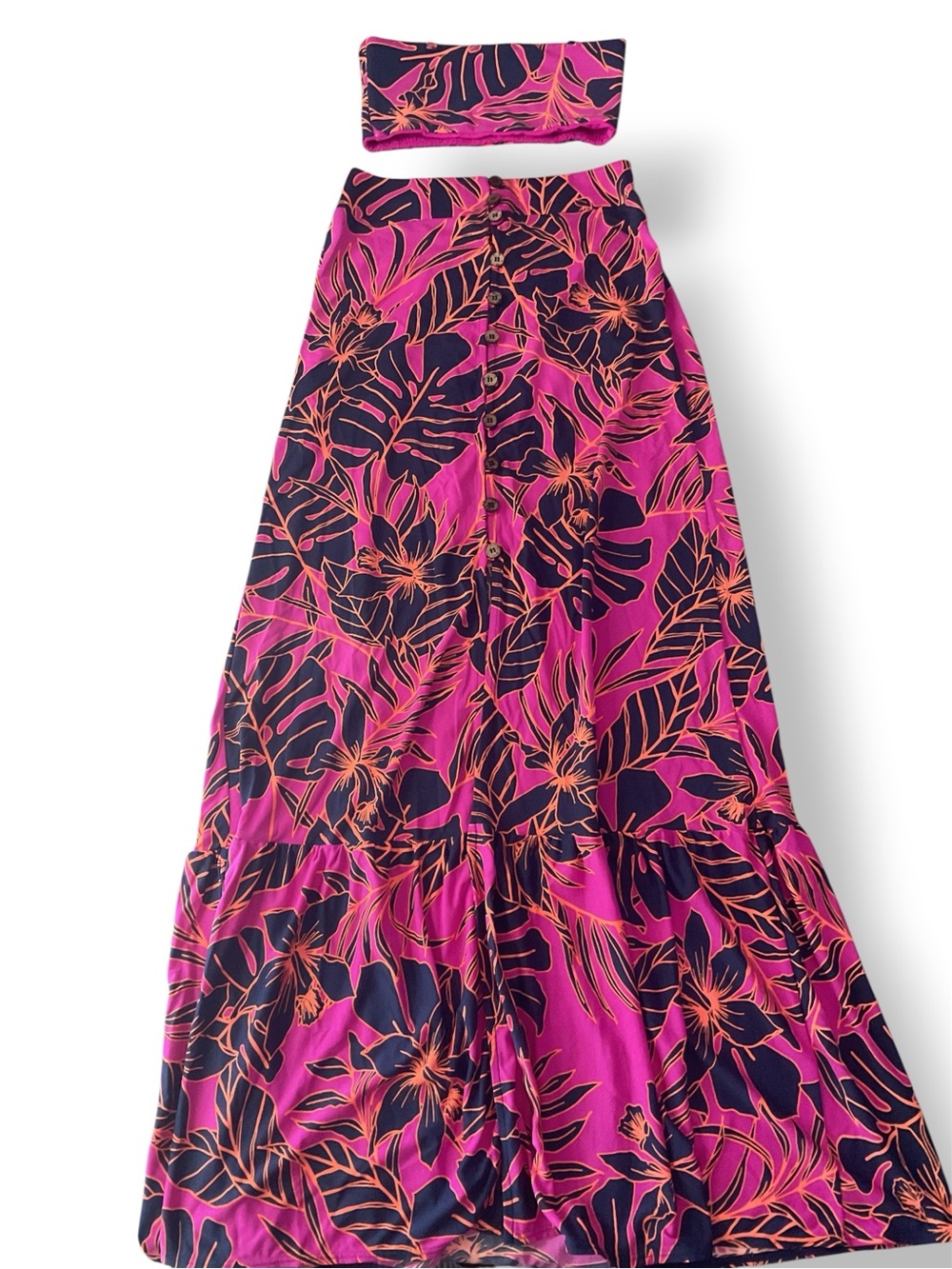 Maaji floral maxi skirt set front slit smocked tube top Sz M boho tropical